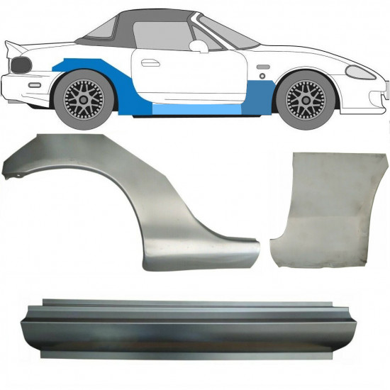 Painel de reparação da soleira com guarda-lamas dianteiro e traseiro para Mazda MX-5 1998-2005 NB / Direito / Conjunto 11150